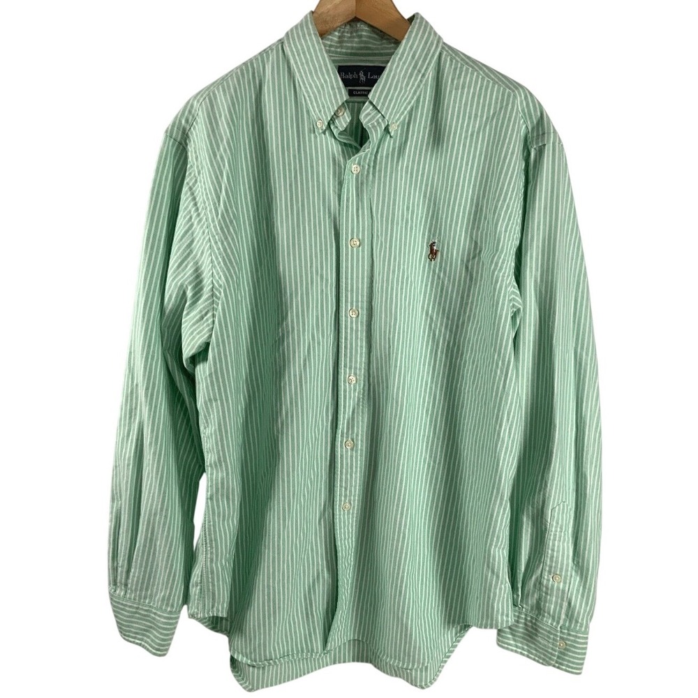 Ralph Lauren Mens Flesh Pony Button Up Shirt 17 34/35 Green Stripe 100% Cotton